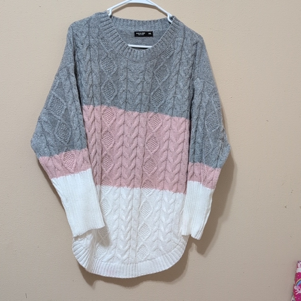 SHEIN Gray Pink White Cable Knit Colorblock Crew Sweater